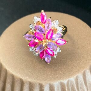 Elegant Sterling Silver .925 Gold Ring with Pink and Purple Accents